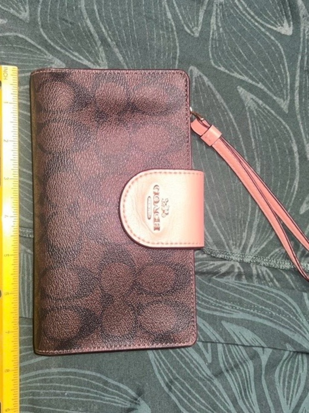 Coach Brown Signature Wristlet with Pink Strap